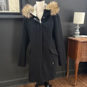 Nine West Women's Black Wool blend Fur-Trimmed hooded Coat